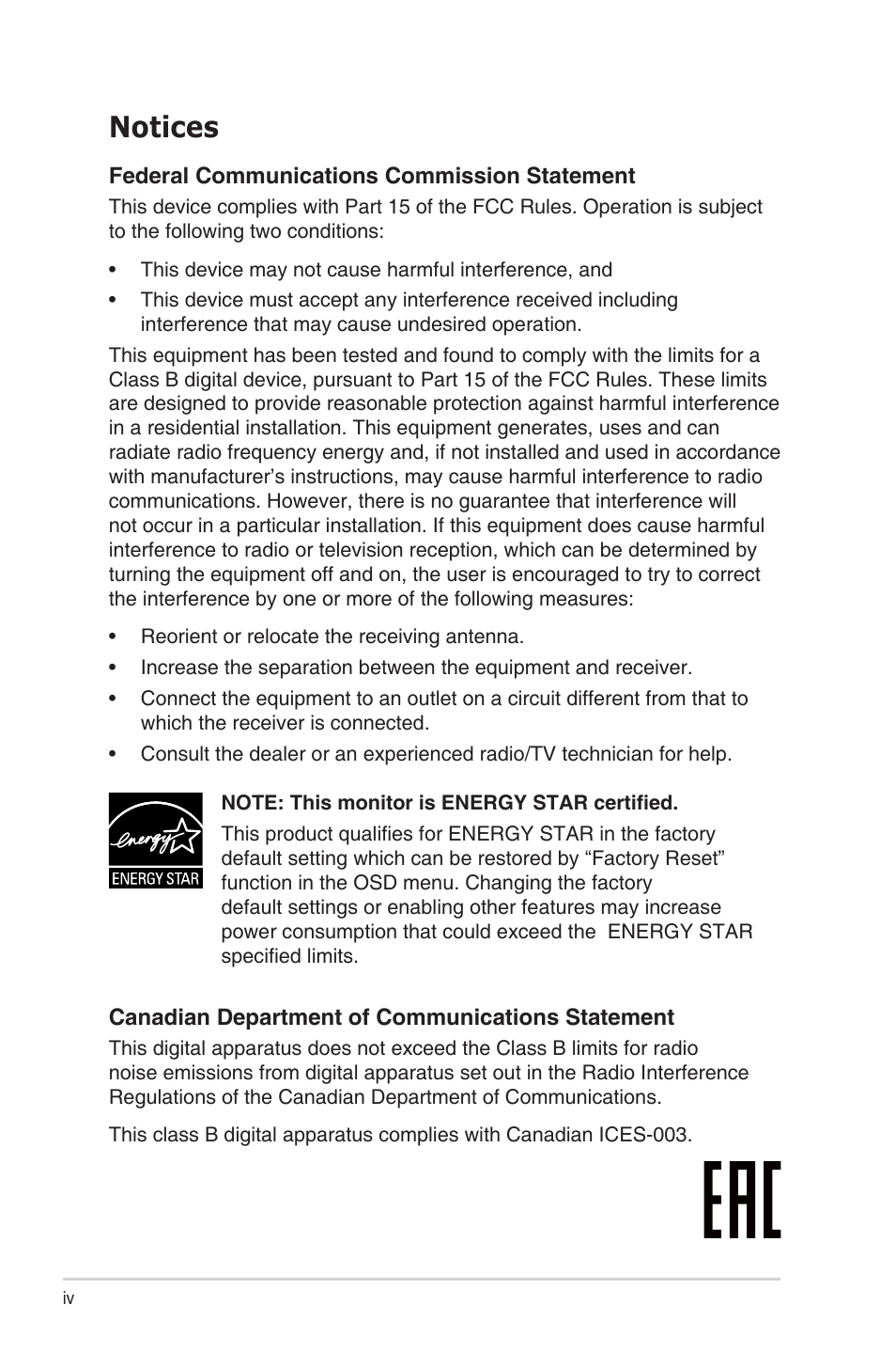 Notices | Asus VA24EHF 24" Eye Care Monitor User Manual | Page 4 / 31