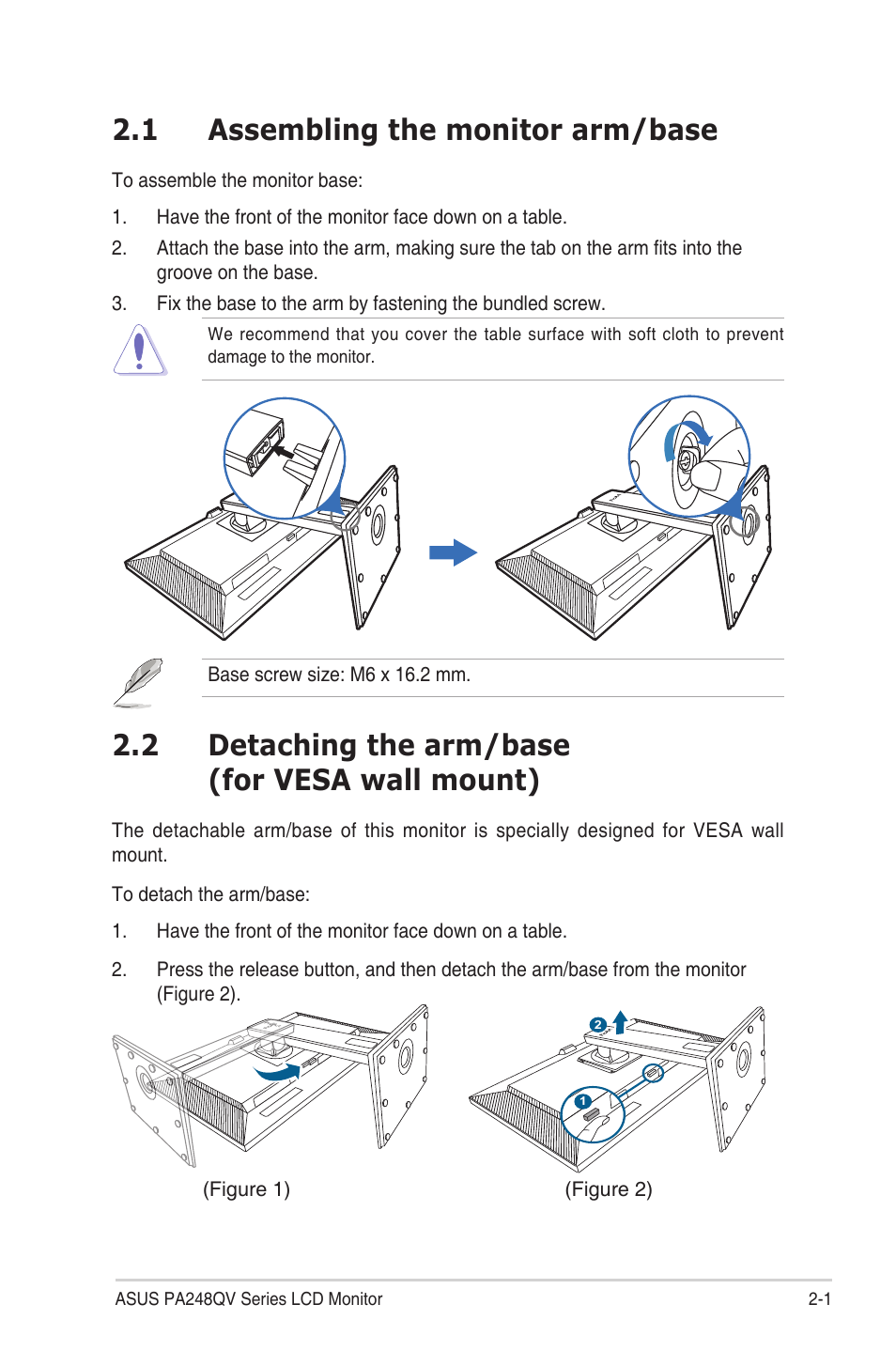 Chapter 2: setup, 1 assembling the monitor arm/base, 2 detaching the arm/base (for vesa wall mount) | Chapter.2:.....setup, Assembling.the.monitor.arm/base -1, Detaching.the.arm/base.(for.vesa.wall.mount) -1 | Asus ProArt Display PA248QV 24.1" 16:10 Adaptive-Sync IPS Monitor User Manual | Page 14 / 32