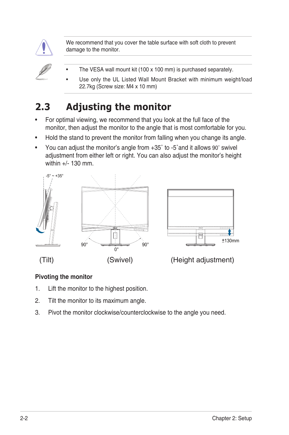 3 adjusting the monitor, Adjusting.the.monitor -2, Swivel) (height adjustment) (tilt) | Asus ProArt Display PA248QV 24.1" 16:10 Adaptive-Sync IPS Monitor User Manual | Page 15 / 32