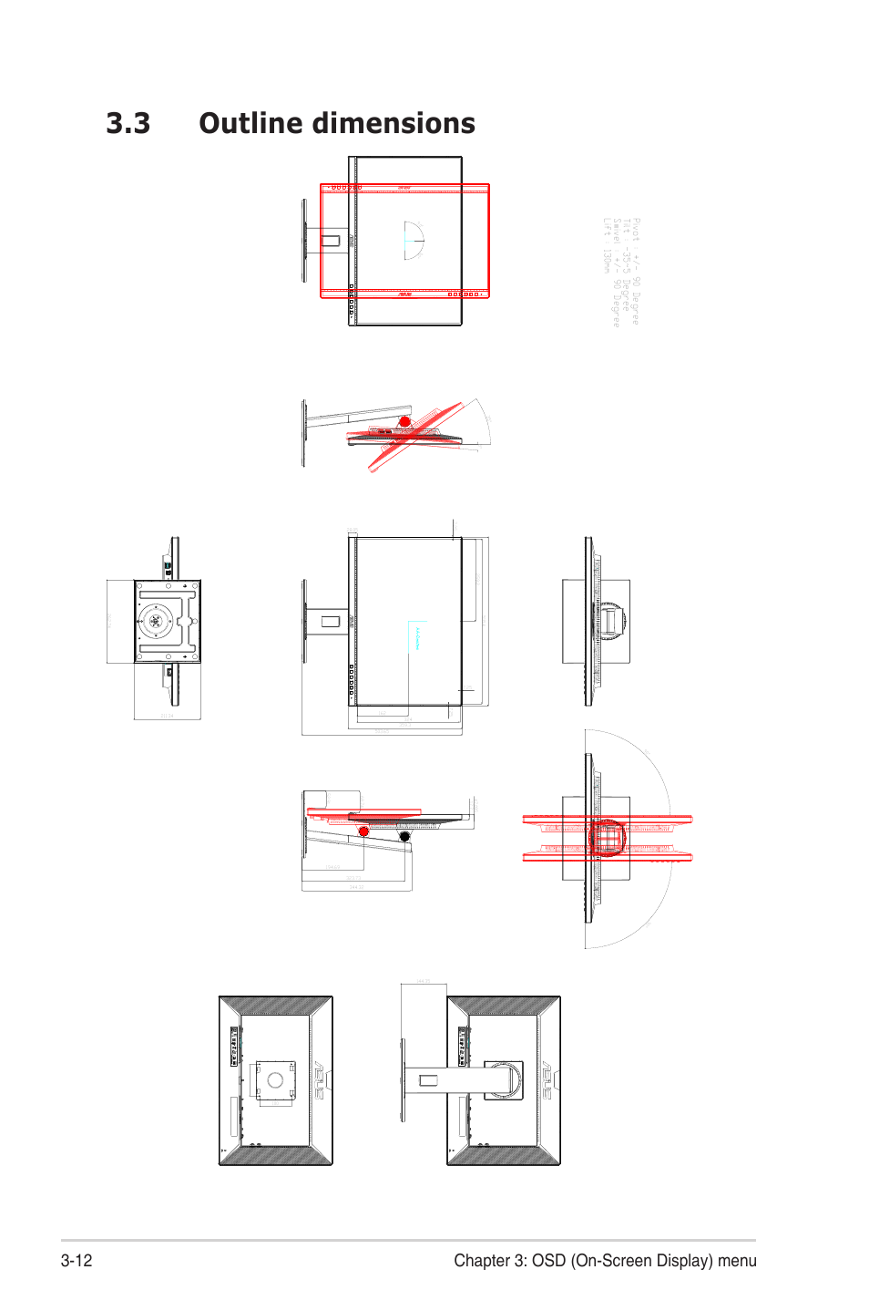 3 outline dimensions, Outline.dimensions -12, 12 chapter 3: osd (on-screen display) menu | Asus ProArt Display PA248QV 24.1" 16:10 Adaptive-Sync IPS Monitor User Manual | Page 29 / 32