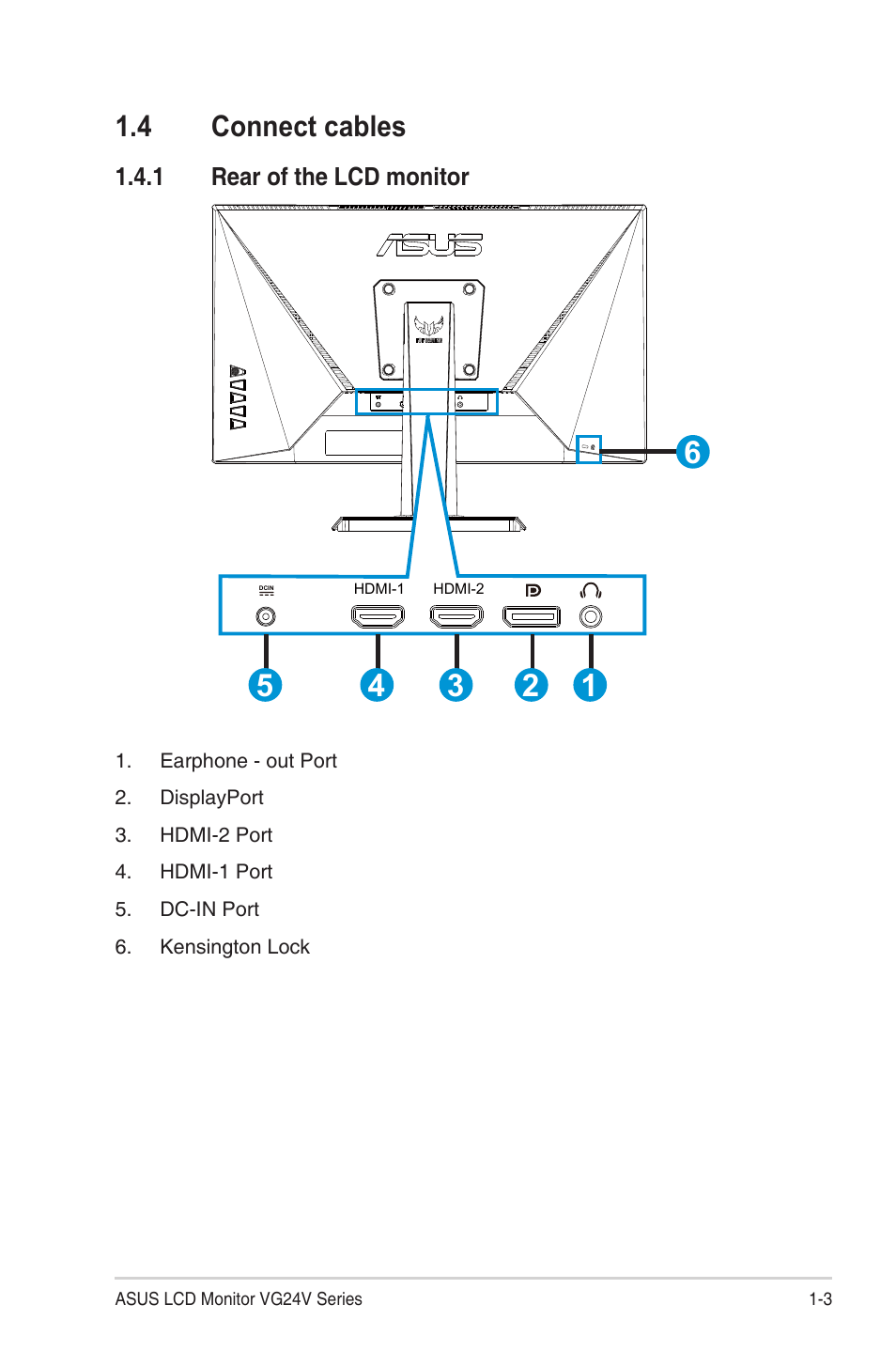 4 connect cables, 1 rear of the lcd monitor, Connect cables -3 | Rear of the lcd monitor -3 | Asus TUF Gaming VG24VQE 23.6" 16:9 Curved FreeSync 165 Hz VA Gaming Monitor User Manual | Page 10 / 26