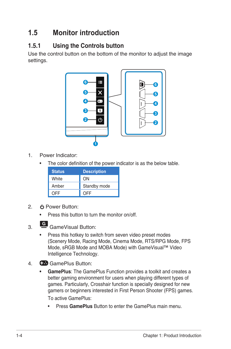 5 monitor introduction, 1 using the controls button, Monitor introduction -4 | Using the controls button -4 | Asus TUF Gaming VG24VQE 23.6" 16:9 Curved FreeSync 165 Hz VA Gaming Monitor User Manual | Page 11 / 26