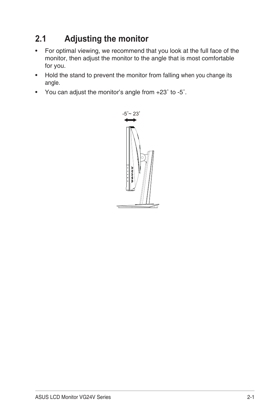 1 adjusting the monitor, Adjusting the monitor -1 | Asus TUF Gaming VG24VQE 23.6" 16:9 Curved FreeSync 165 Hz VA Gaming Monitor User Manual | Page 13 / 26