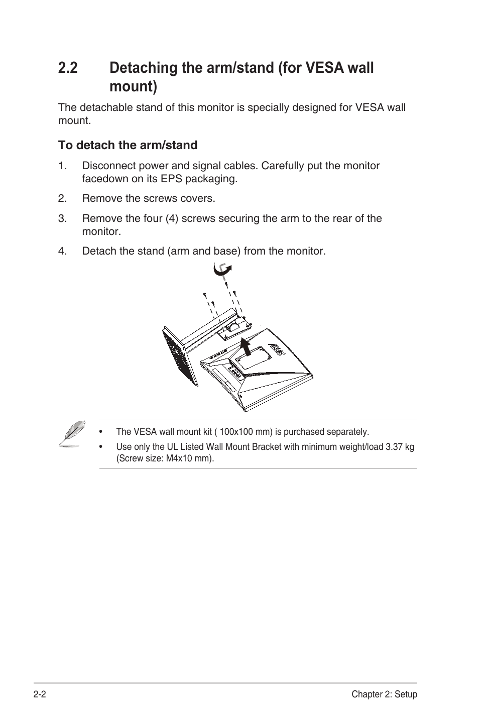 2 detaching the arm/stand (for vesa wall mount), Detaching the arm/stand (for vesa wall mount) -2 | Asus TUF Gaming VG24VQE 23.6" 16:9 Curved FreeSync 165 Hz VA Gaming Monitor User Manual | Page 14 / 26