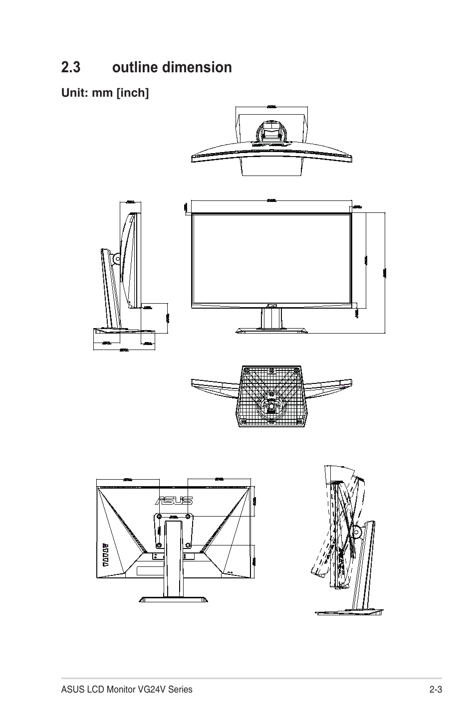 3 outline dimension, Outline dimension -3 | Asus TUF Gaming VG24VQE 23.6" 16:9 Curved FreeSync 165 Hz VA Gaming Monitor User Manual | Page 15 / 26