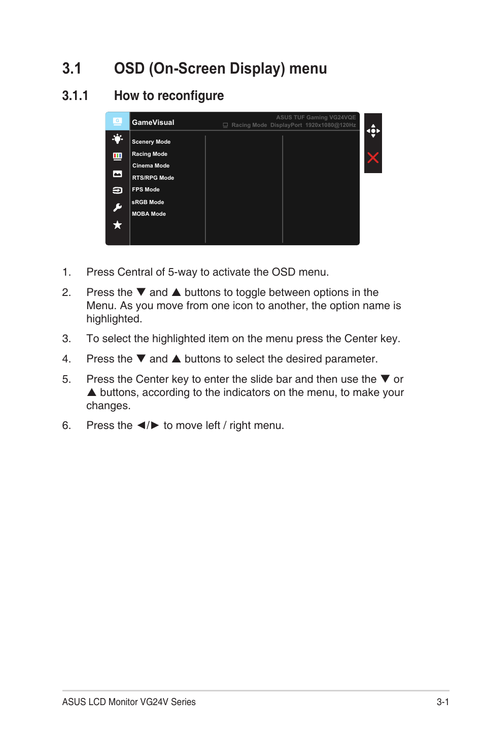 1 osd (on-screen display) menu, 1 how to reconfigure, Osd (on-screen display) menu -1 | How to reconfigure | Asus TUF Gaming VG24VQE 23.6" 16:9 Curved FreeSync 165 Hz VA Gaming Monitor User Manual | Page 16 / 26