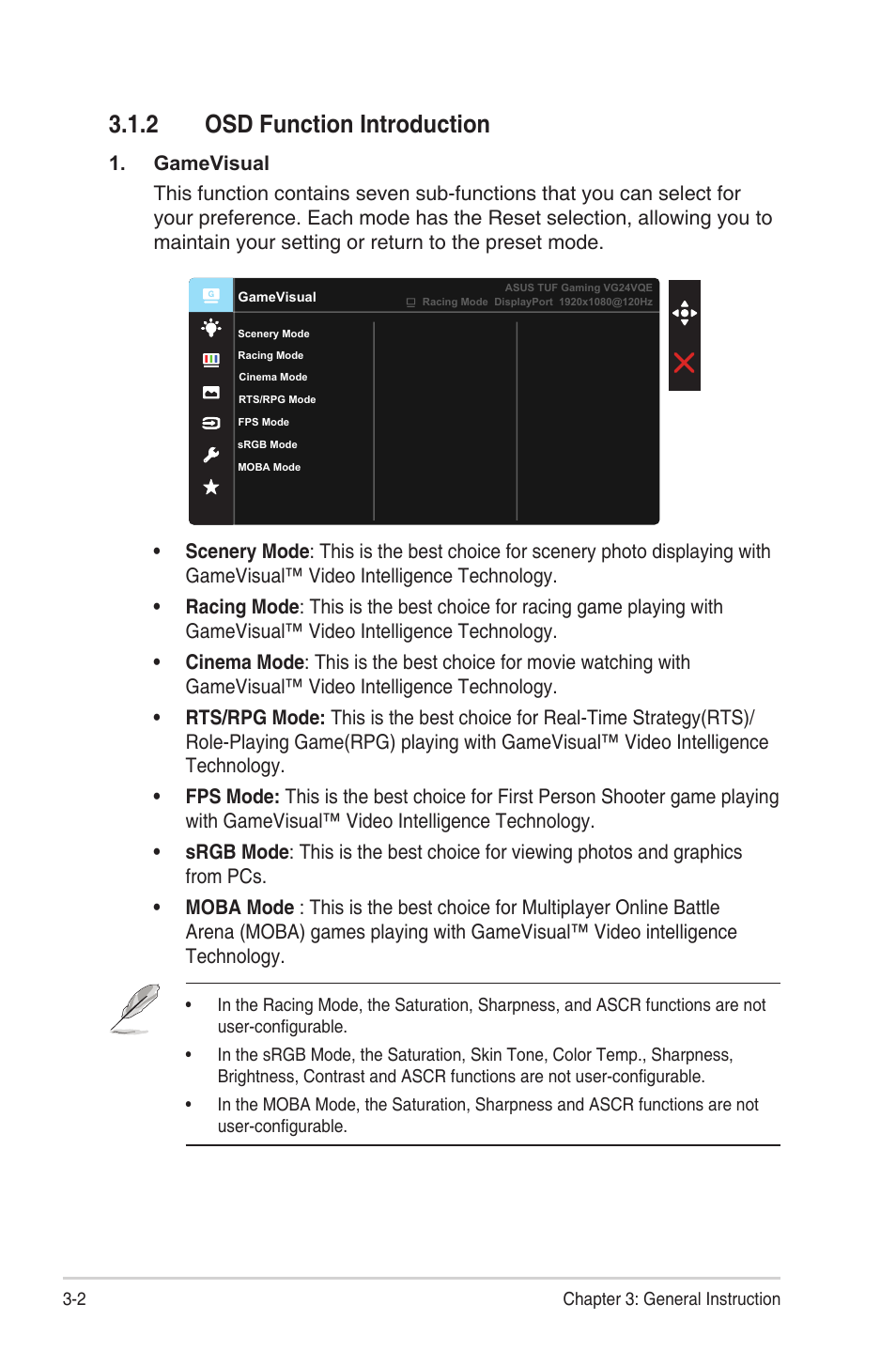 2 osd function introduction, Osd function introduction -2 | Asus TUF Gaming VG24VQE 23.6" 16:9 Curved FreeSync 165 Hz VA Gaming Monitor User Manual | Page 17 / 26