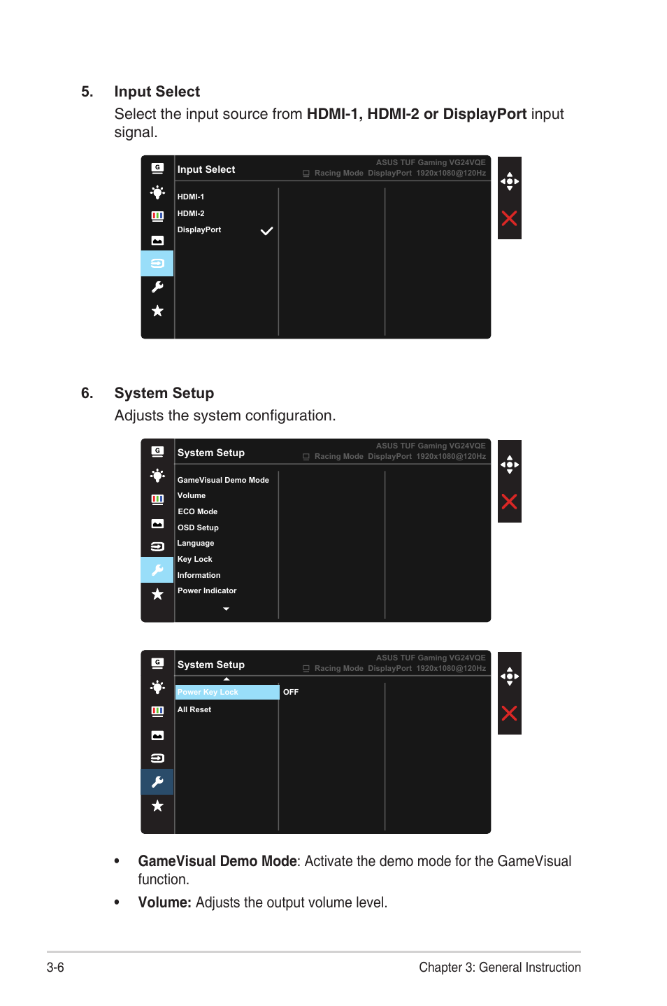 System setup adjusts the system configuration, 6 chapter 3: general instruction | Asus TUF Gaming VG24VQE 23.6" 16:9 Curved FreeSync 165 Hz VA Gaming Monitor User Manual | Page 21 / 26