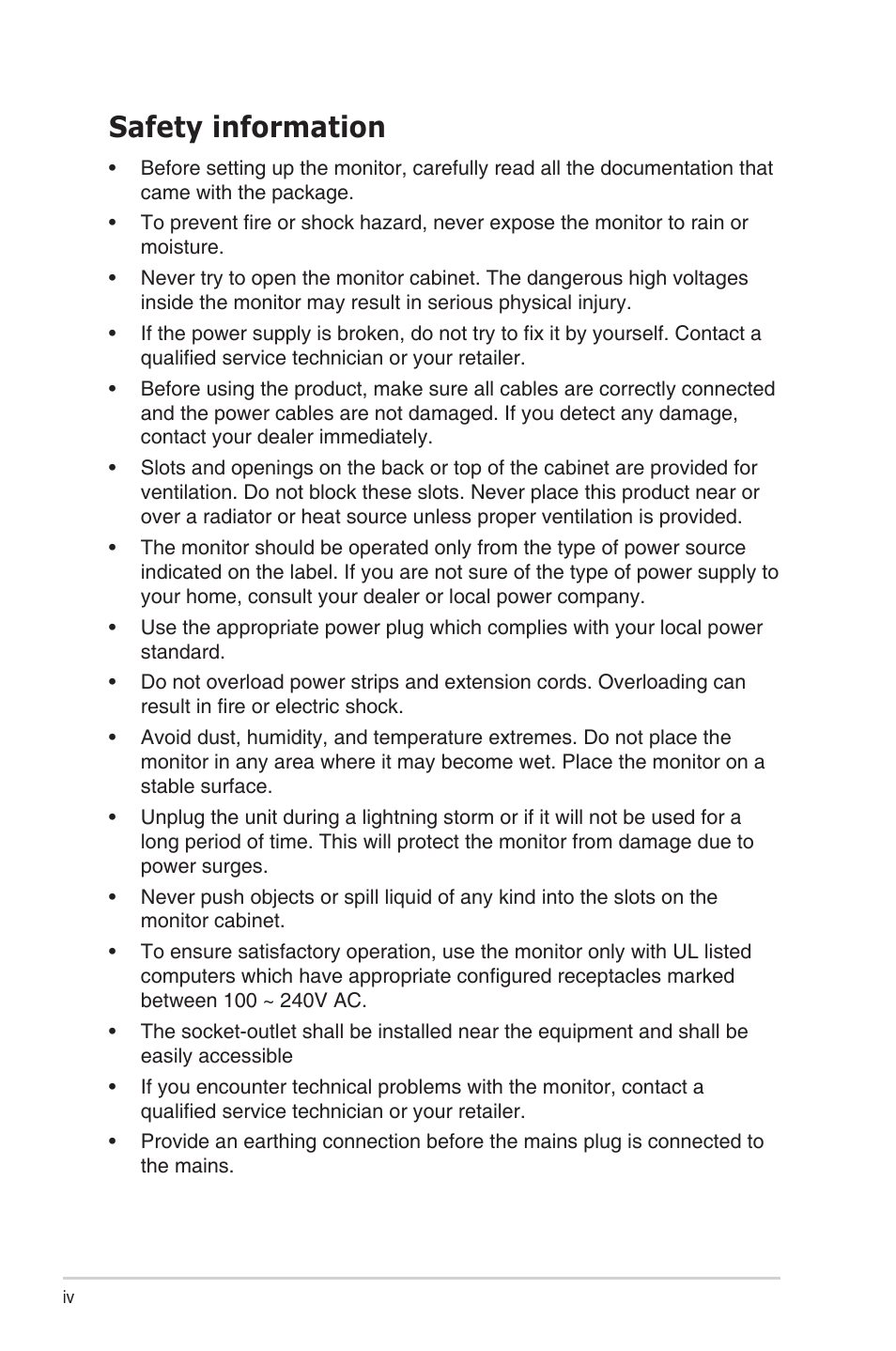 Safety information | Asus TUF Gaming VG24VQE 23.6" 16:9 Curved FreeSync 165 Hz VA Gaming Monitor User Manual | Page 4 / 26