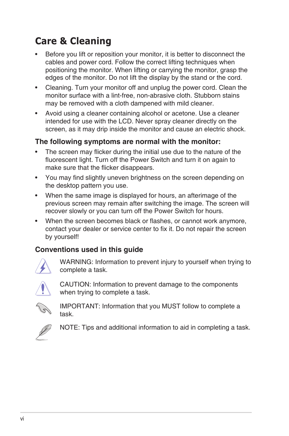Care & cleaning | Asus TUF Gaming VG24VQE 23.6" 16:9 Curved FreeSync 165 Hz VA Gaming Monitor User Manual | Page 6 / 26