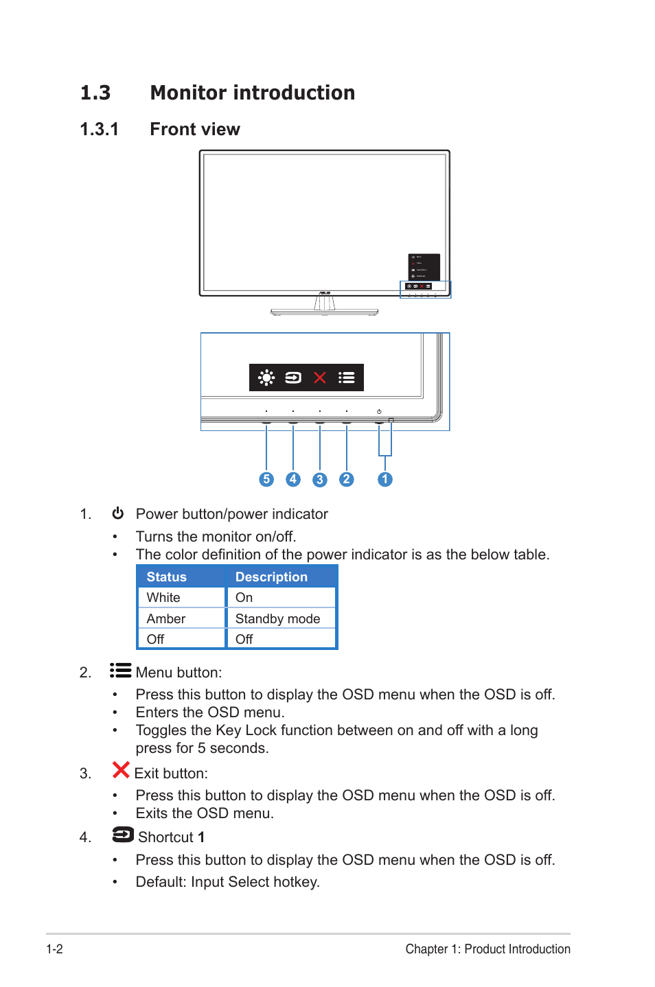 3 monitor introduction, 1 front view, 3 monitor introduction -2 | 1 front view -2 | Asus VA329HE 31.5" Eye Care Monitor User Manual | Page 10 / 26