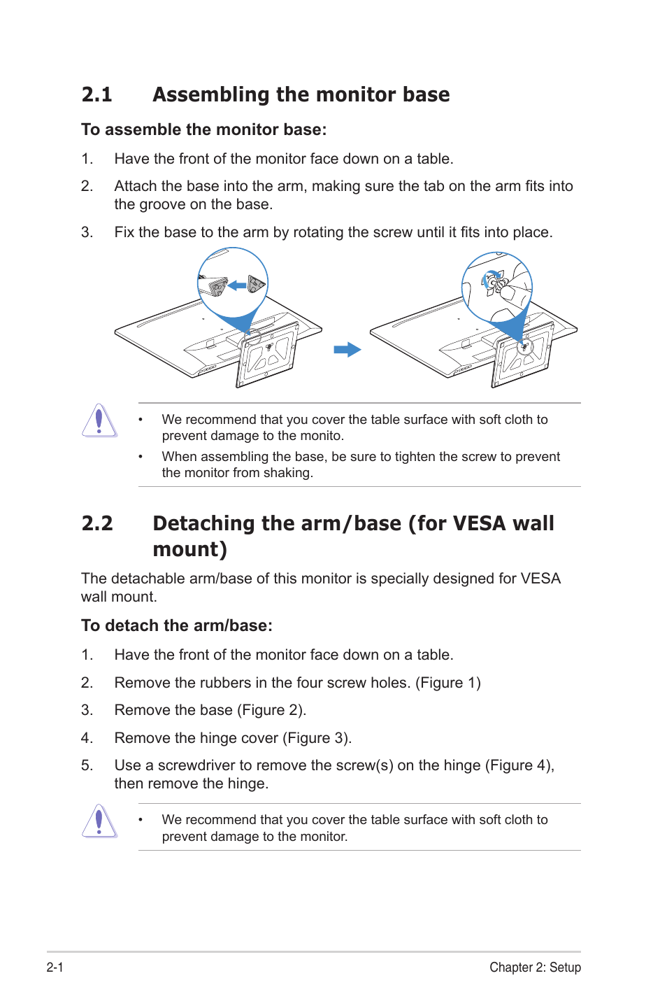 1 assembling the monitor base, 2 detaching the arm/base (for vesa wall mount) | Asus VA329HE 31.5" Eye Care Monitor User Manual | Page 12 / 26