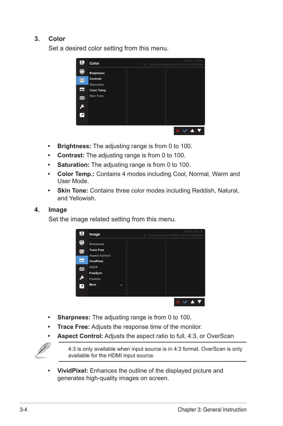 Color set a desired color setting from this menu, Image set the image related setting from this menu | Asus VA329HE 31.5" Eye Care Monitor User Manual | Page 18 / 26