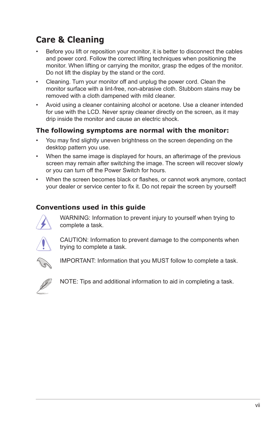 Care & cleaning | Asus VA329HE 31.5" Eye Care Monitor User Manual | Page 7 / 26