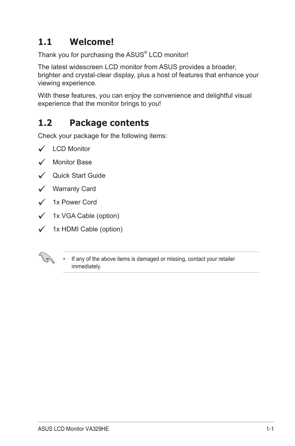 1 welcome, 2 package contents, 1 welcome! -1 1.2 package contents -1 | Asus VA329HE 31.5" Eye Care Monitor User Manual | Page 9 / 26