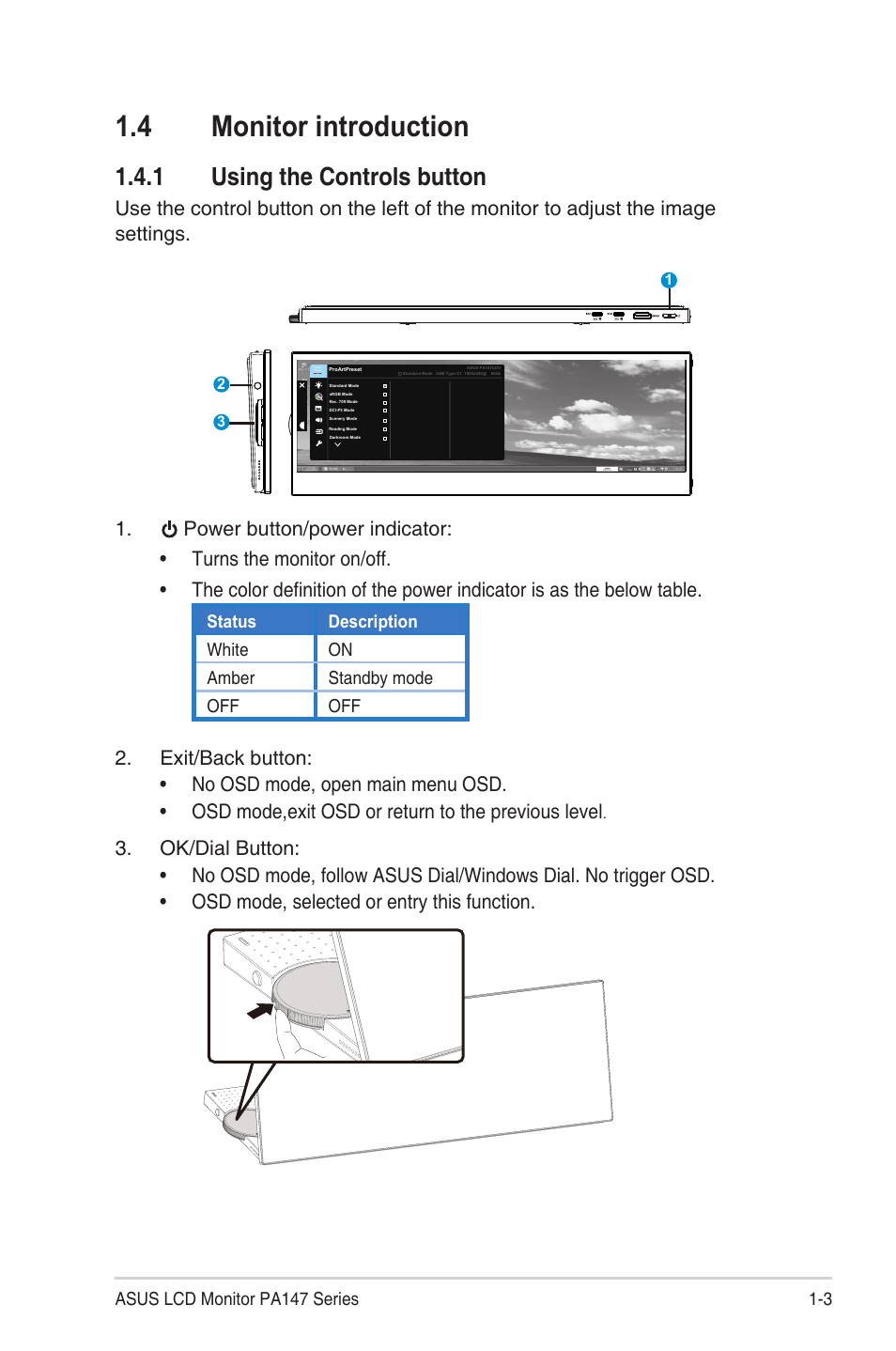 4 monitor introduction, 1 using the controls button, Monitor introduction -3 | Using the controls button -3 | Asus ProArt Display PA147CDV 14" Ultrawide Multi-Touch Monitor User Manual | Page 10 / 23