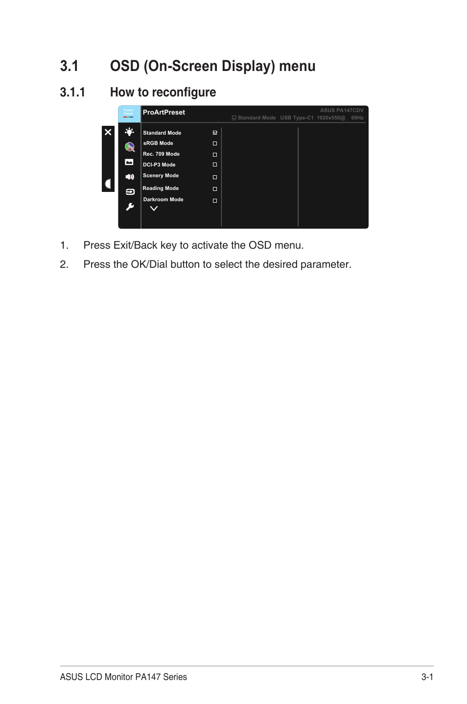 1 osd (on-screen display) menu, 1 how to reconfigure, Osd (on-screen display) menu -1 | How to reconfigure | Asus ProArt Display PA147CDV 14" Ultrawide Multi-Touch Monitor User Manual | Page 13 / 23