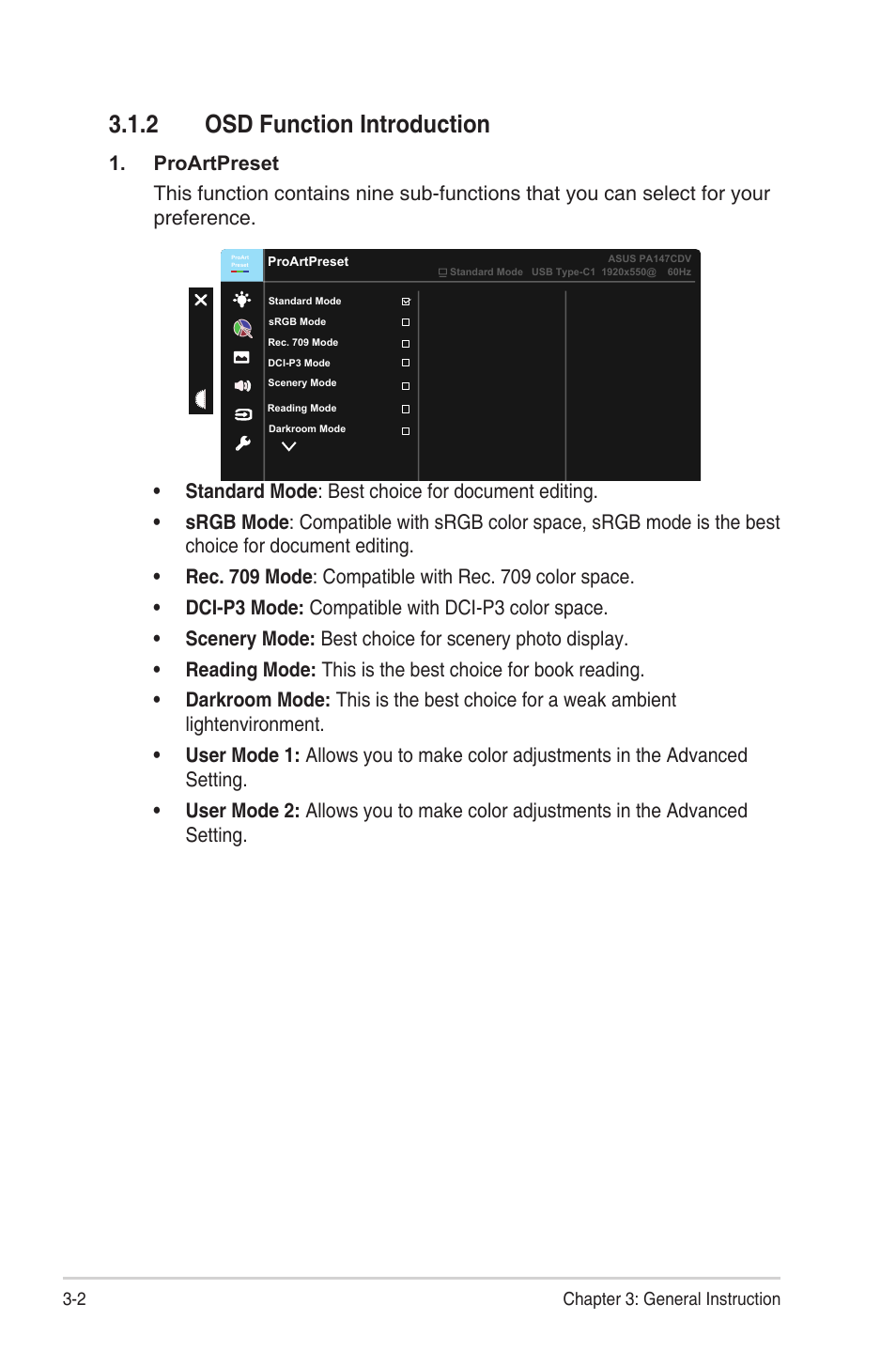2 osd function introduction, Osd function introduction -2 | Asus ProArt Display PA147CDV 14" Ultrawide Multi-Touch Monitor User Manual | Page 14 / 23