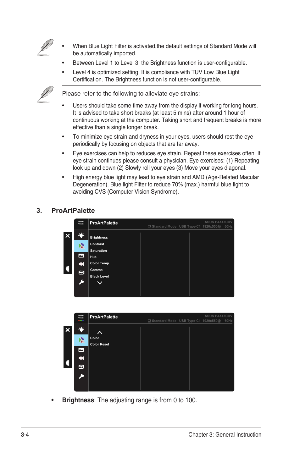 Proartpalette, Brightness : the adjusting range is from 0 to 100 | Asus ProArt Display PA147CDV 14" Ultrawide Multi-Touch Monitor User Manual | Page 16 / 23