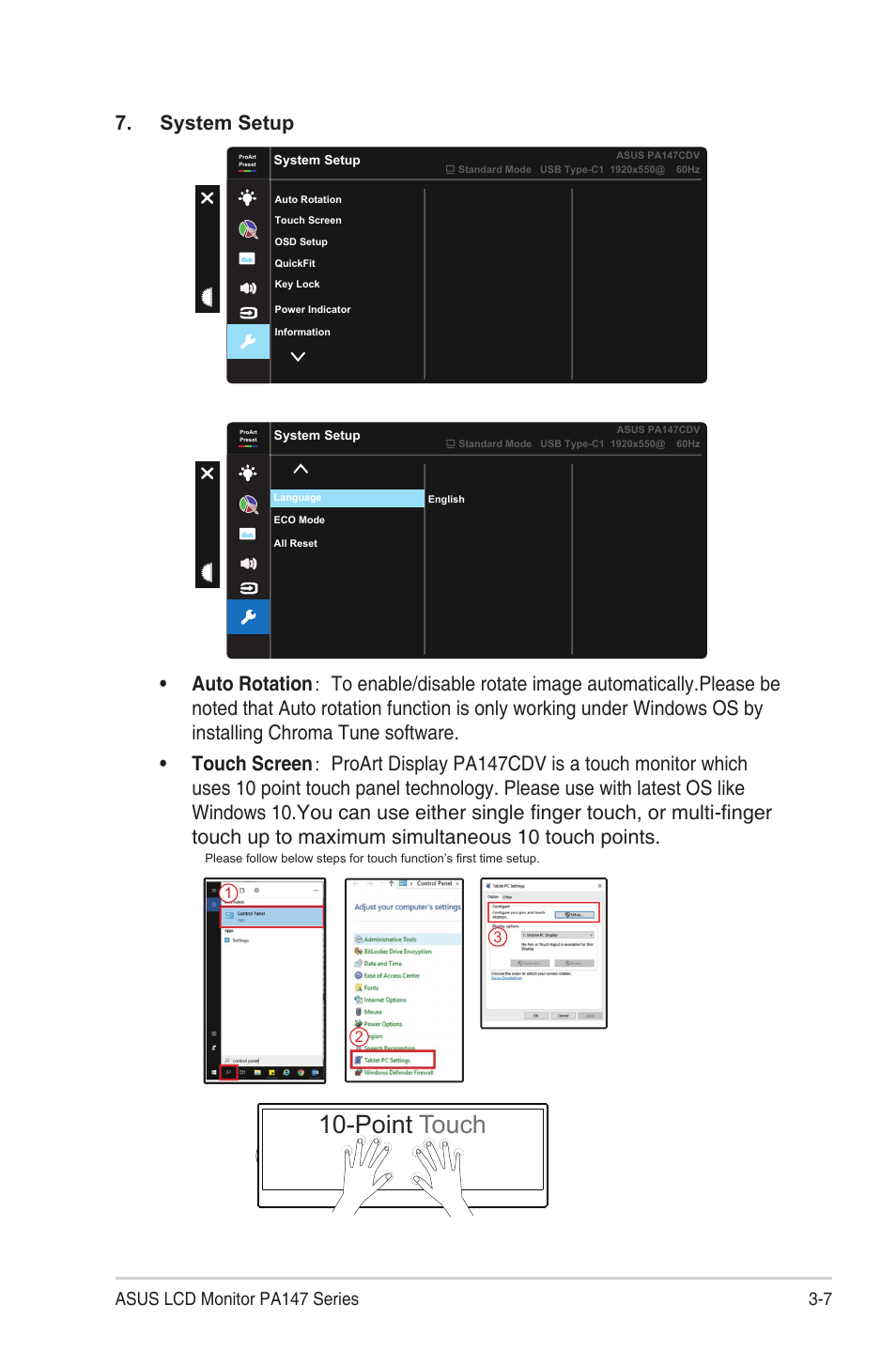 Point touch, System setup, 7 asus lcd monitor pa147 series | Asus ProArt Display PA147CDV 14" Ultrawide Multi-Touch Monitor User Manual | Page 19 / 23