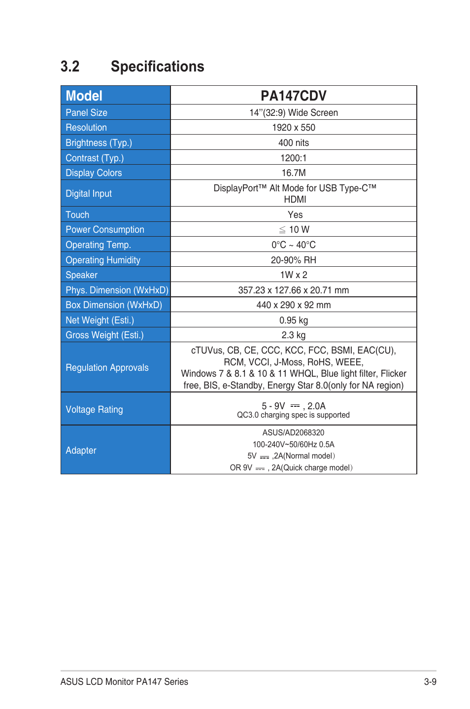 2 specifications, Specifications, Model pa147cdv | Asus ProArt Display PA147CDV 14" Ultrawide Multi-Touch Monitor User Manual | Page 21 / 23