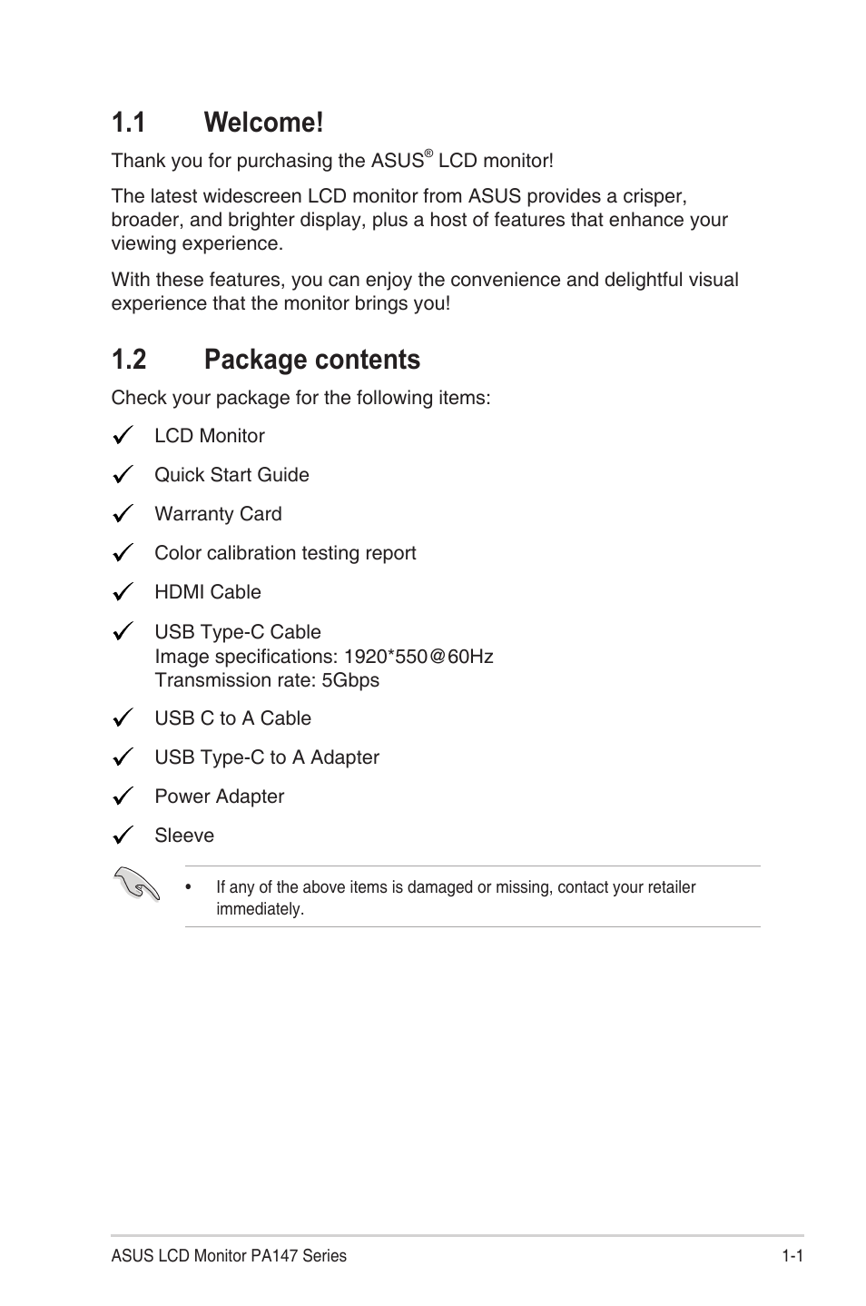 1 welcome, 2 package contents, 1 welcome! -1 1.2 | Package contents -1 | Asus ProArt Display PA147CDV 14" Ultrawide Multi-Touch Monitor User Manual | Page 8 / 23