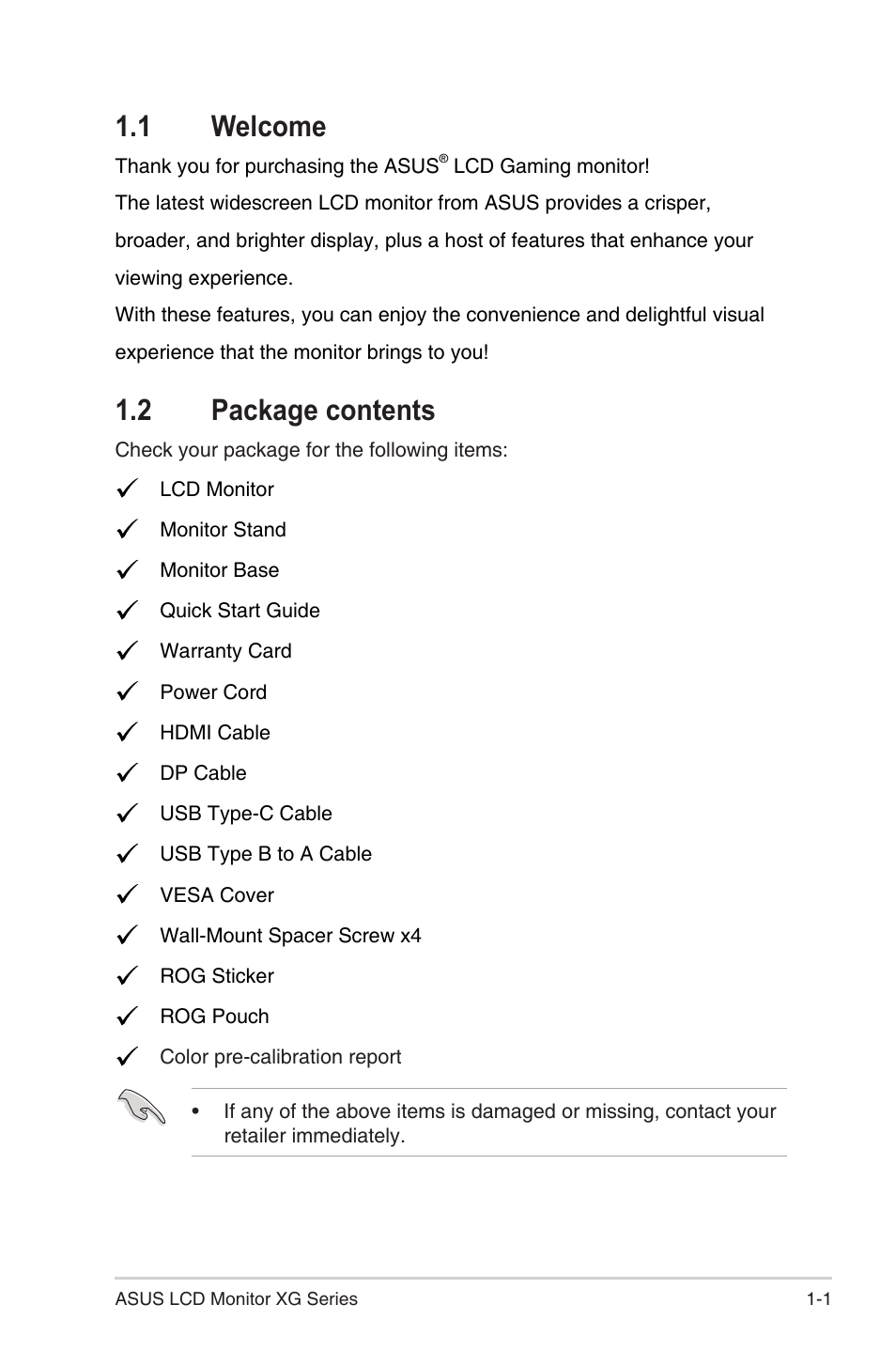 1 welcome, 2 package contents, 1 welcome -1 1.2 | Package contents -1 | Asus Republic of Gamers Strix XG49WCR 49" 1440p HDR 165 Hz Curved Ultrawide Gaming Monitor User Manual | Page 12 / 37