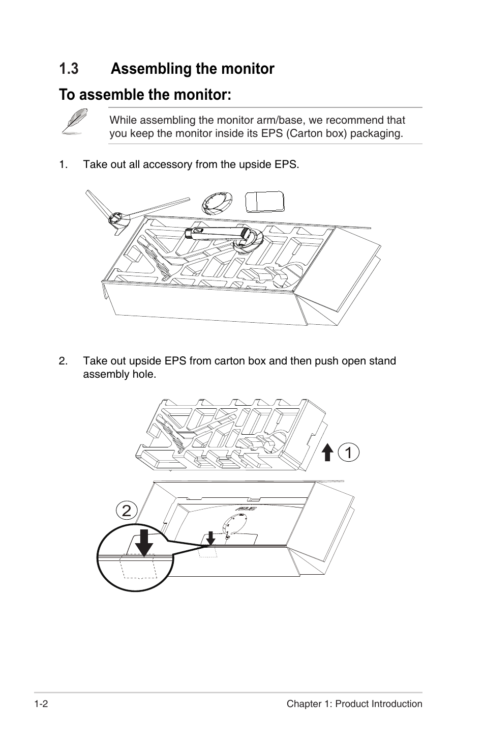 3 assembling the monitor, Assembling the monitor -2, 3 assembling the monitor to assemble the monitor | Asus Republic of Gamers Strix XG49WCR 49" 1440p HDR 165 Hz Curved Ultrawide Gaming Monitor User Manual | Page 13 / 37