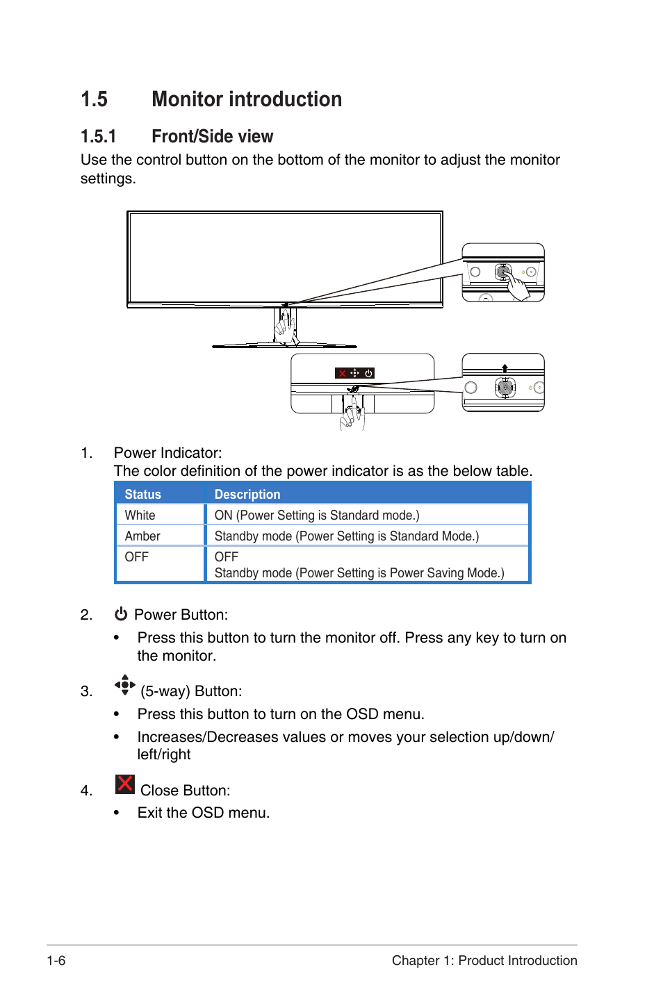 5 monitor introduction, 1 front/side view, Monitor introduction -6 | Front/side view -6, 6 chapter 1: product introduction | Asus Republic of Gamers Strix XG49WCR 49" 1440p HDR 165 Hz Curved Ultrawide Gaming Monitor User Manual | Page 17 / 37