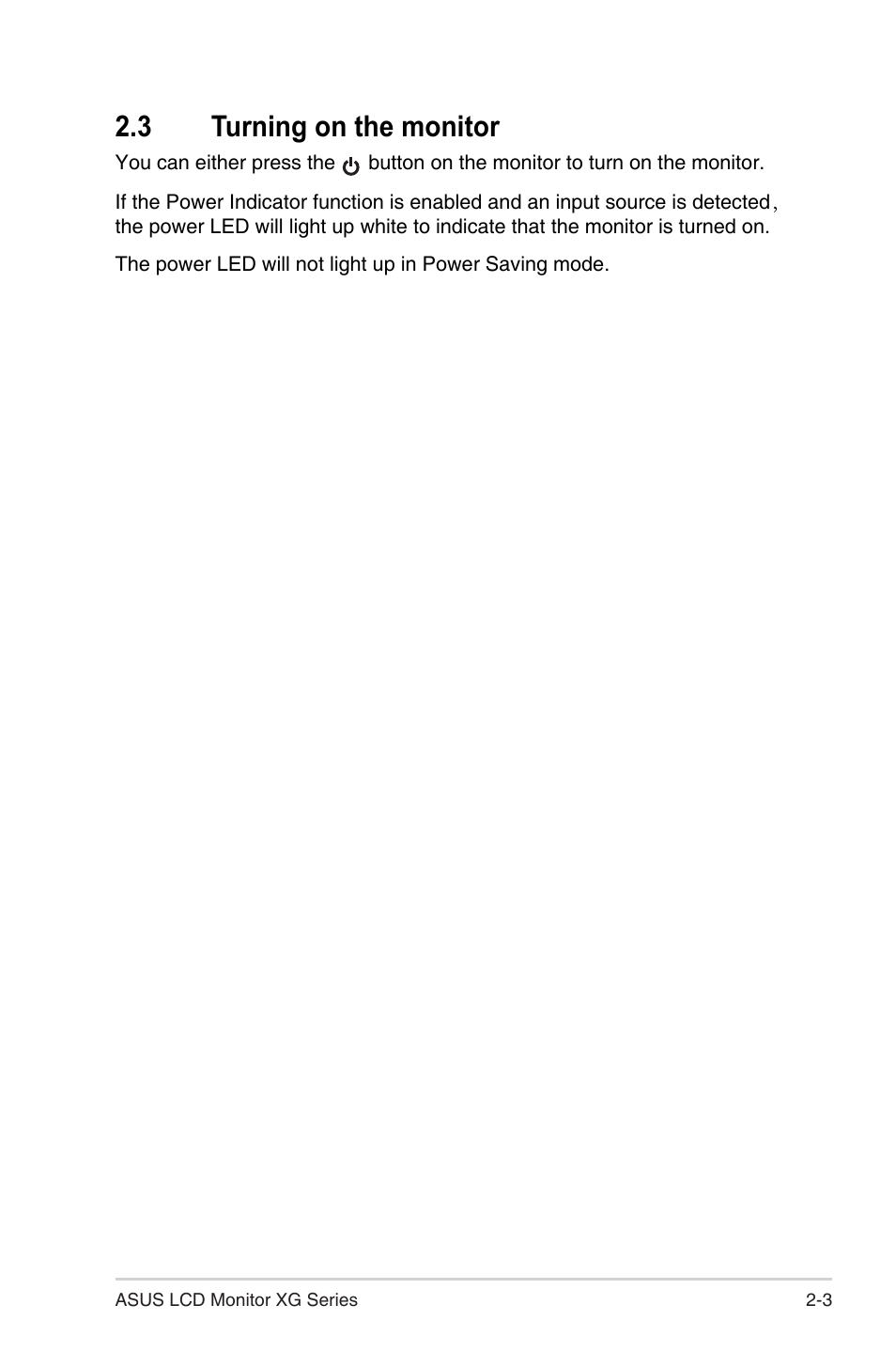 3 turning on the monitor, Turning on the monitor -3 | Asus Republic of Gamers Strix XG49WCR 49" 1440p HDR 165 Hz Curved Ultrawide Gaming Monitor User Manual | Page 20 / 37