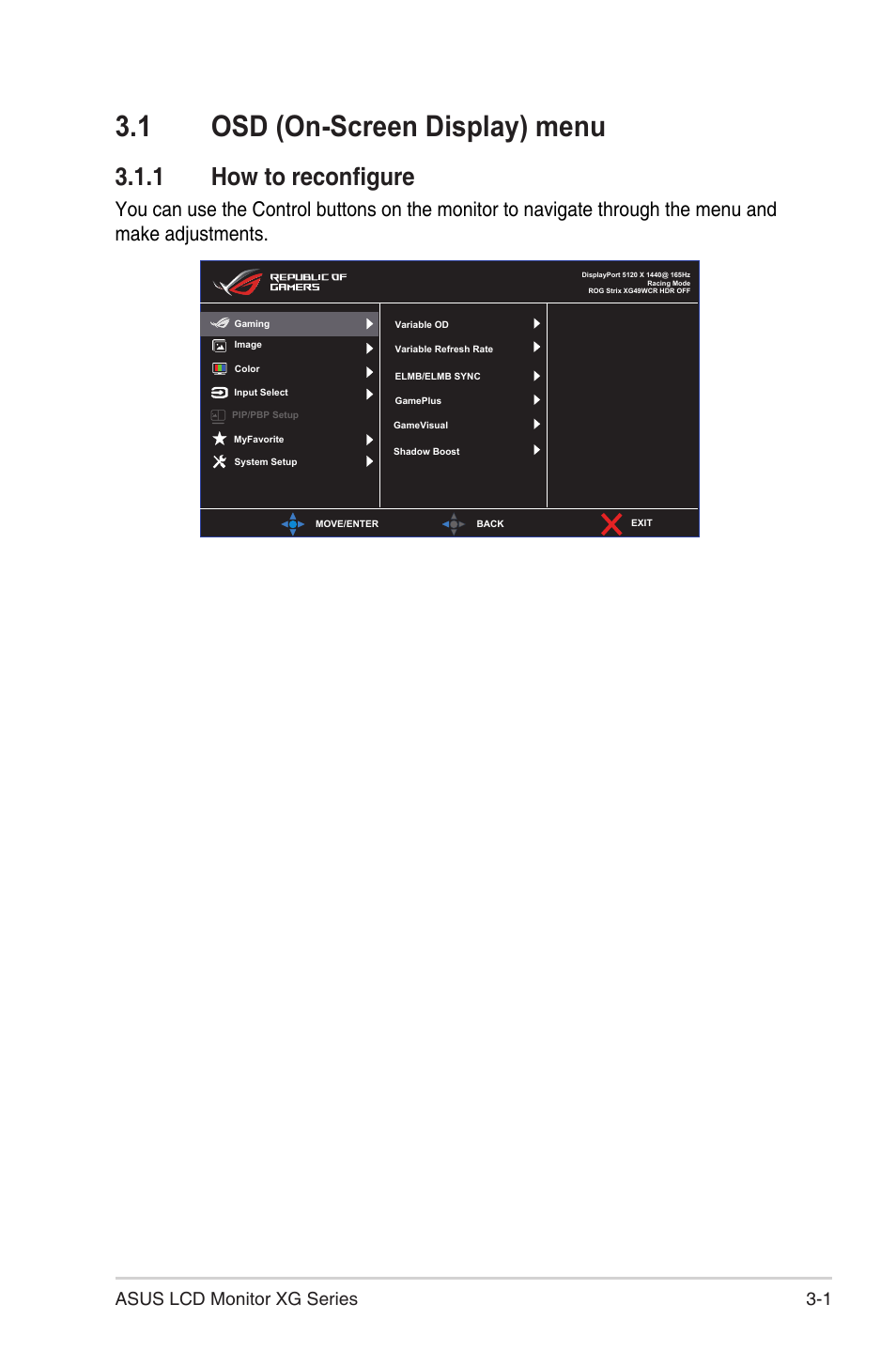 1 osd (on-screen display) menu, 1 how to reconfigure, Osd (on-screen display) menu -1 | How to reconfigure, 1 asus lcd monitor xg series | Asus Republic of Gamers Strix XG49WCR 49" 1440p HDR 165 Hz Curved Ultrawide Gaming Monitor User Manual | Page 21 / 37