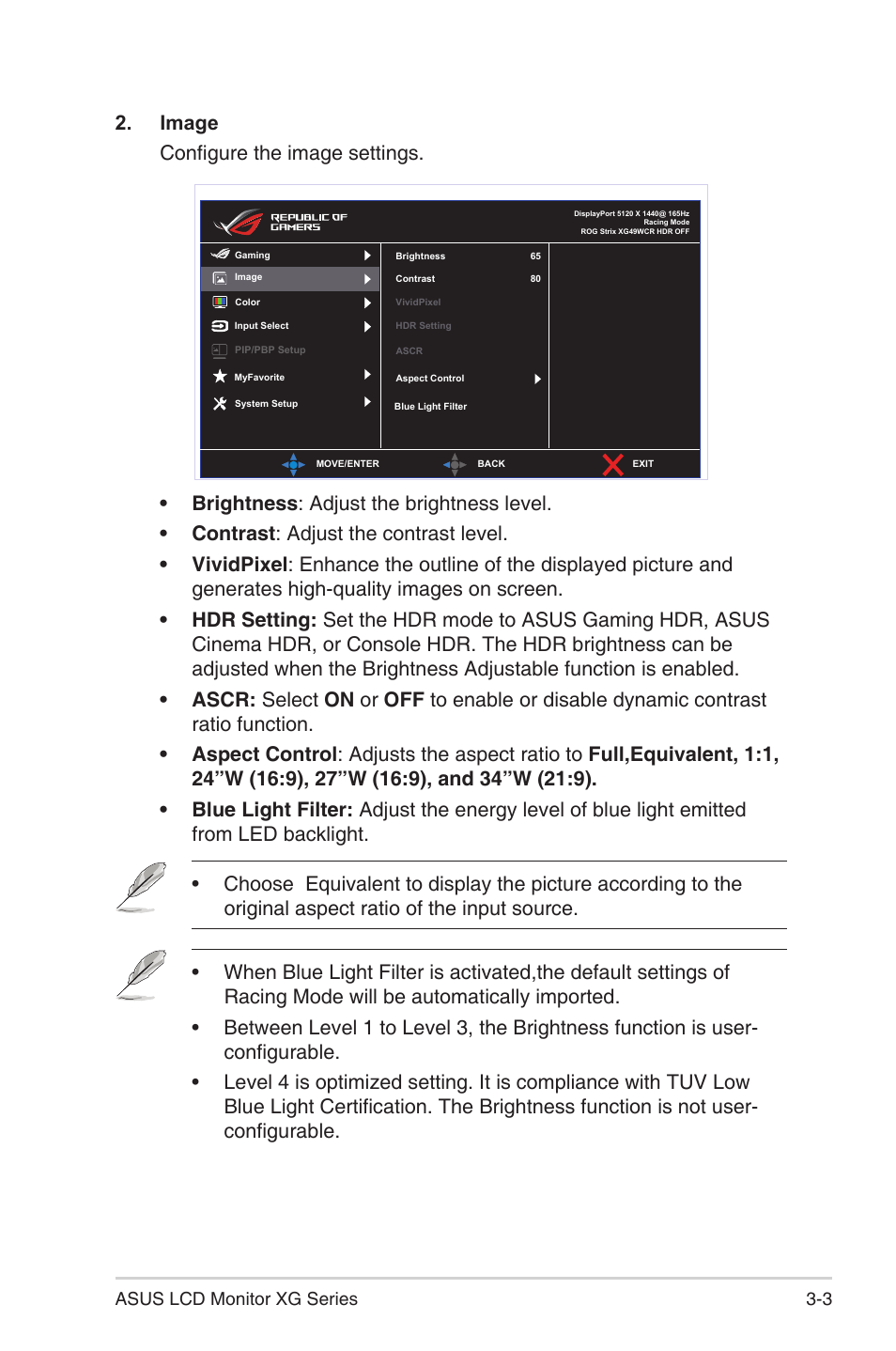 Image configure the image settings | Asus Republic of Gamers Strix XG49WCR 49" 1440p HDR 165 Hz Curved Ultrawide Gaming Monitor User Manual | Page 23 / 37