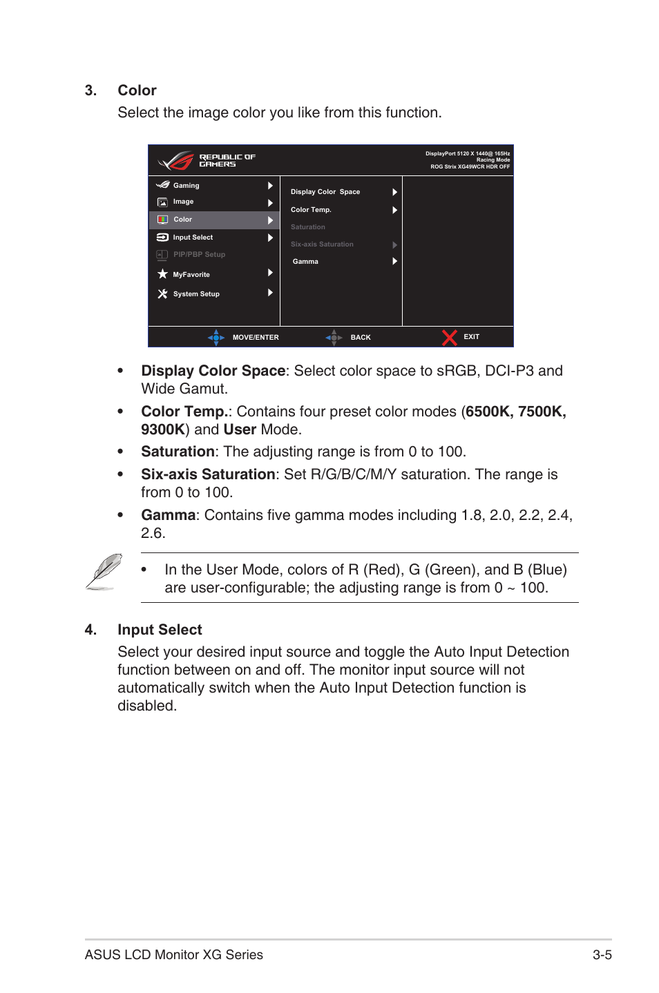 Asus Republic of Gamers Strix XG49WCR 49" 1440p HDR 165 Hz Curved Ultrawide Gaming Monitor User Manual | Page 25 / 37