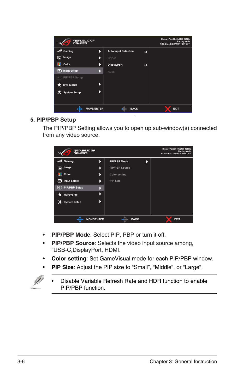 6 chapter 3: general instruction | Asus Republic of Gamers Strix XG49WCR 49" 1440p HDR 165 Hz Curved Ultrawide Gaming Monitor User Manual | Page 26 / 37