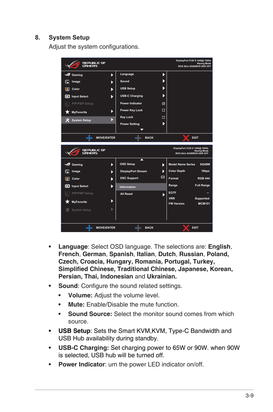 System setup adjust the system configurations | Asus Republic of Gamers Strix XG49WCR 49" 1440p HDR 165 Hz Curved Ultrawide Gaming Monitor User Manual | Page 29 / 37