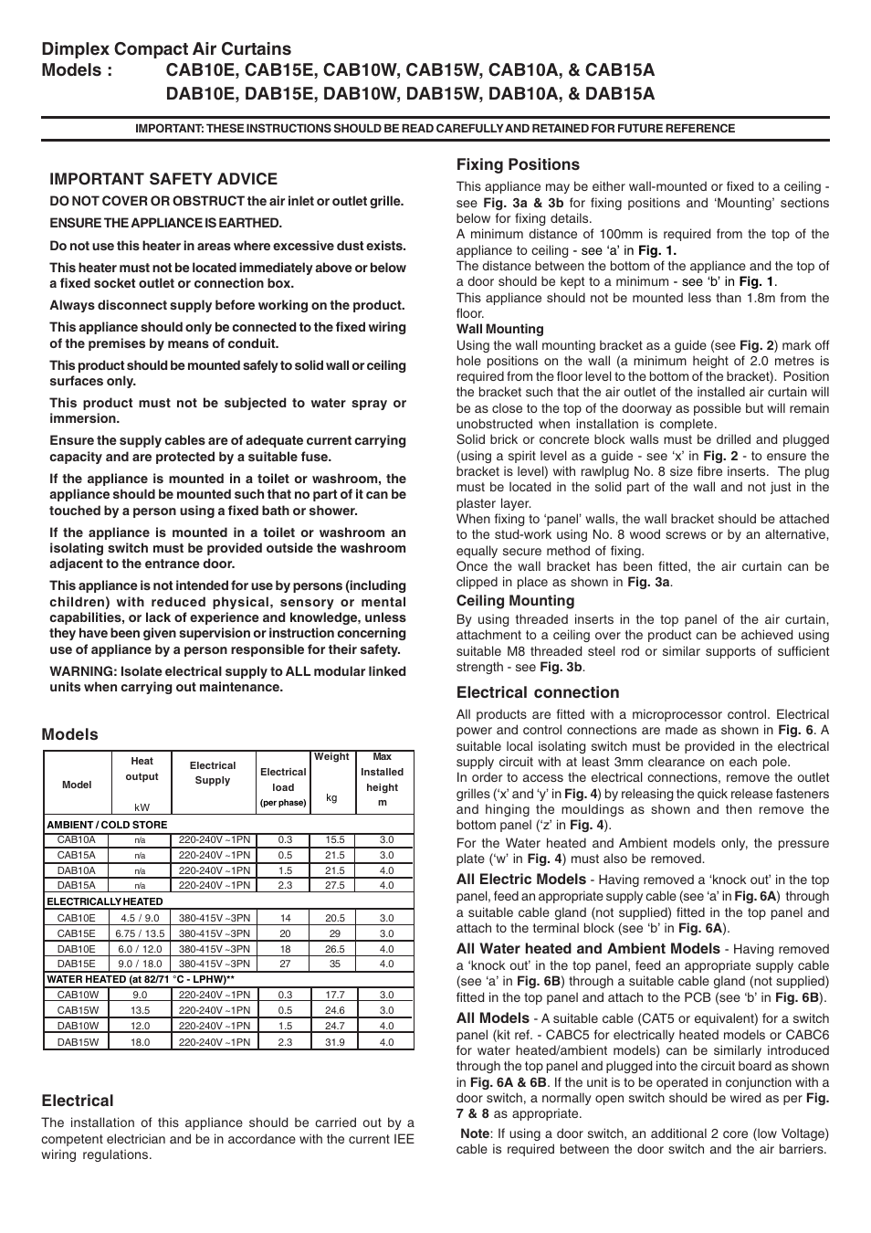 Important safety advice, Models electrical, Fixing positions | Electrical connection, Ceiling mounting, All electric models, All water heated and ambient models, All models | Dimplex CAB10W User Manual | Page 4 / 8