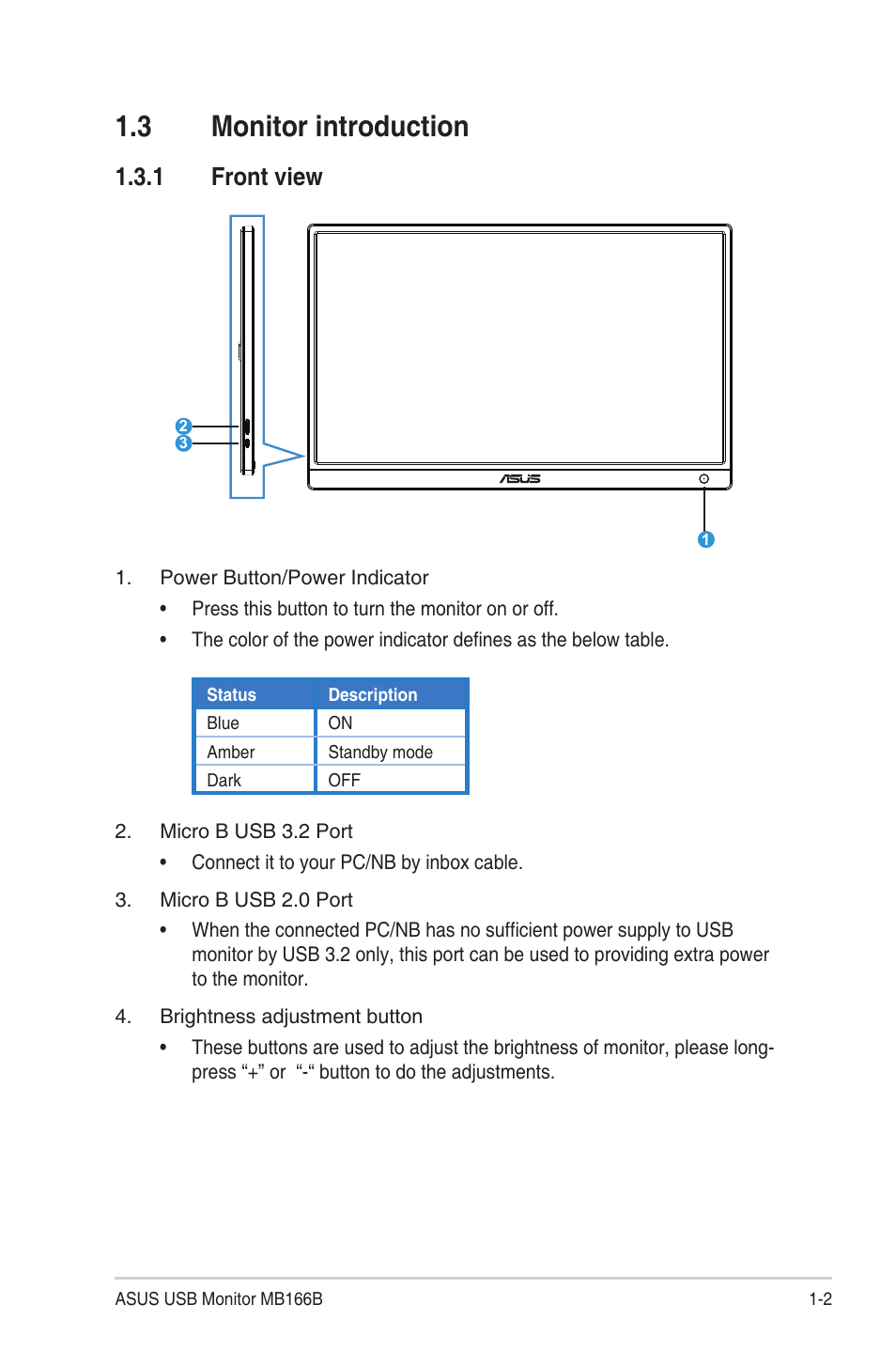 3 monitor introduction, 1 front view, Monitor introduction -2 | Front view -2 | Asus ZenScreen MB166B 15.6" Portable Monitor User Manual | Page 10 / 16
