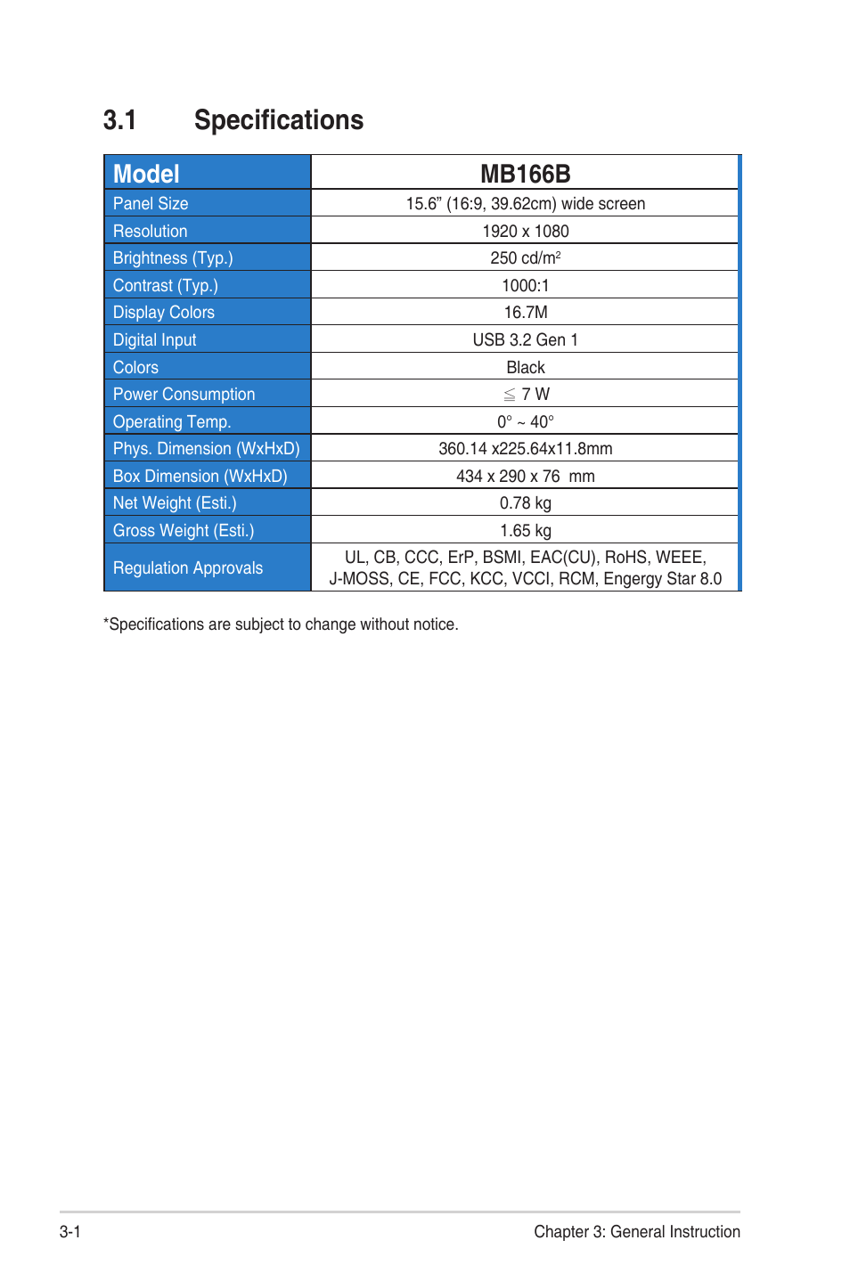 1 specifications, Specifications, Model mb166b | Asus ZenScreen MB166B 15.6" Portable Monitor User Manual | Page 15 / 16