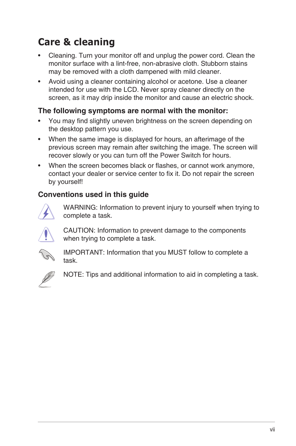 Care & cleaning | Asus ZenScreen MB166B 15.6" Portable Monitor User Manual | Page 7 / 16