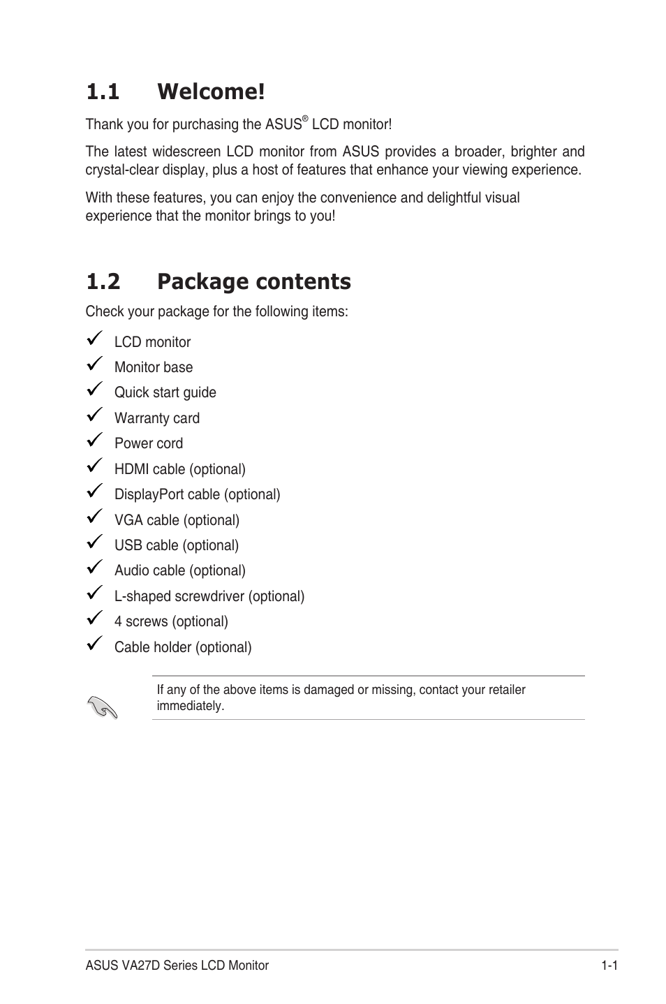 Chapter 1: product introduction, 1 welcome, 2 package contents | Welcome! -1, Package contents -1 | Asus VA27DQ 27" 16:9 FreeSync Eye Care IPS Monitor User Manual | Page 11 / 36