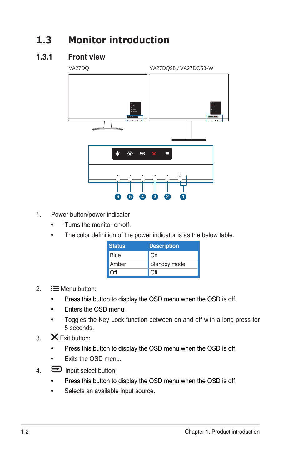 3 monitor introduction, 1 front view, Monitor introduction -2 | Front view -2 | Asus VA27DQ 27" 16:9 FreeSync Eye Care IPS Monitor User Manual | Page 12 / 36