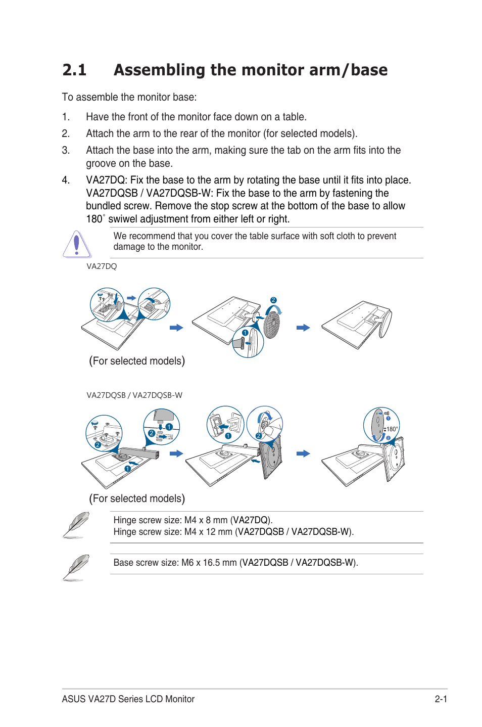 Chapter 2: setup, 1 assembling the monitor arm/base, Assembling the monitor arm/base -1 | Asus VA27DQ 27" 16:9 FreeSync Eye Care IPS Monitor User Manual | Page 15 / 36