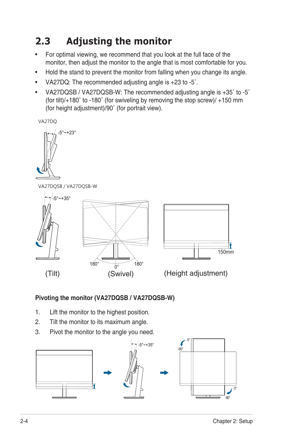 3 adjusting the monitor, Adjusting the monitor -4, Tilt) (swivel) (height adjustment) | Asus VA27DQ 27" 16:9 FreeSync Eye Care IPS Monitor User Manual | Page 18 / 36
