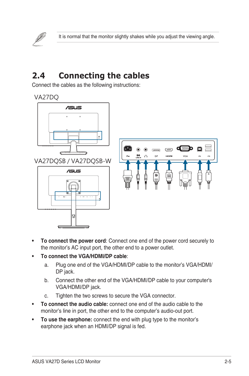 4 connecting the cables, Connecting the cables -5 | Asus VA27DQ 27" 16:9 FreeSync Eye Care IPS Monitor User Manual | Page 19 / 36