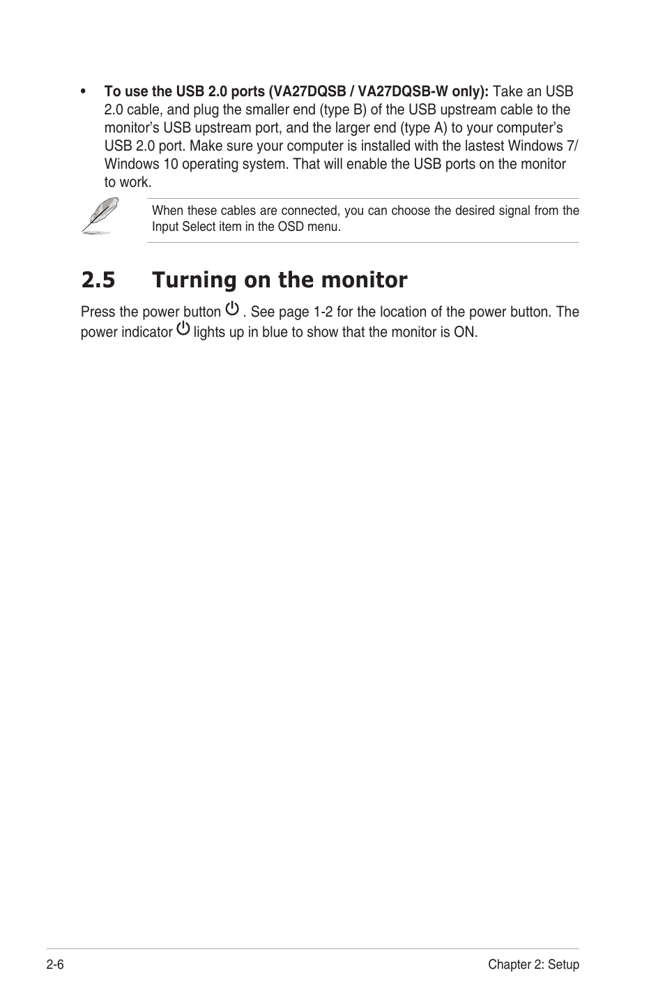 5 turning on the monitor, Turning on the monitor -6 | Asus VA27DQ 27" 16:9 FreeSync Eye Care IPS Monitor User Manual | Page 20 / 36