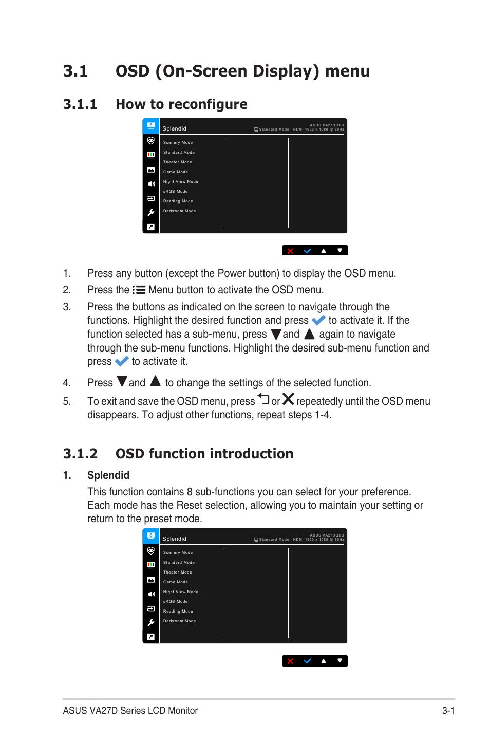 Chapter 3: general instructions, 1 osd (on-screen display) menu, 1 how to reconfigure | 2 osd function introduction, Osd (on-screen display) menu -1, How to reconfigure, Osd function introduction -1, 1 asus va27d series lcd monitor | Asus VA27DQ 27" 16:9 FreeSync Eye Care IPS Monitor User Manual | Page 21 / 36