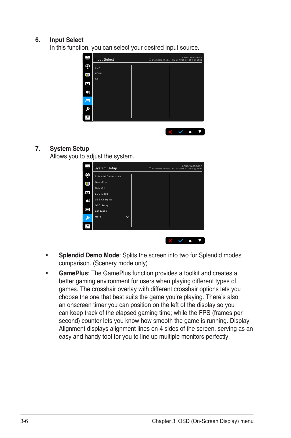 System setup allows you to adjust the system, 6 chapter 3: osd (on-screen display) menu | Asus VA27DQ 27" 16:9 FreeSync Eye Care IPS Monitor User Manual | Page 26 / 36