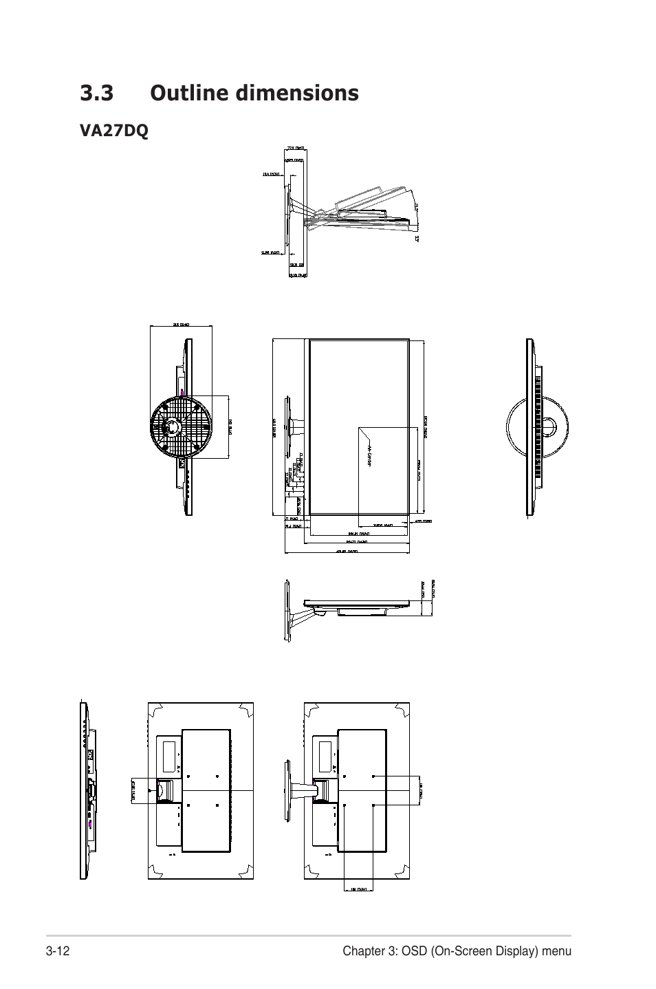 3 outline dimensions, Outline dimensions -12 | Asus VA27DQ 27" 16:9 FreeSync Eye Care IPS Monitor User Manual | Page 32 / 36