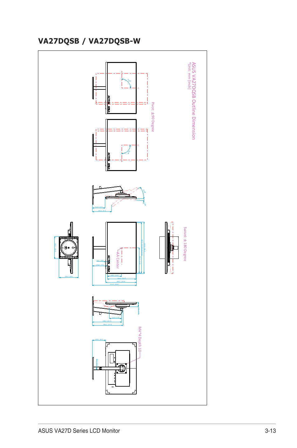 Va27dqsb / va27dqsb-w, 13 asus va27d series lcd monitor, Asus va27dqsb outline dimension | Asus VA27DQ 27" 16:9 FreeSync Eye Care IPS Monitor User Manual | Page 33 / 36