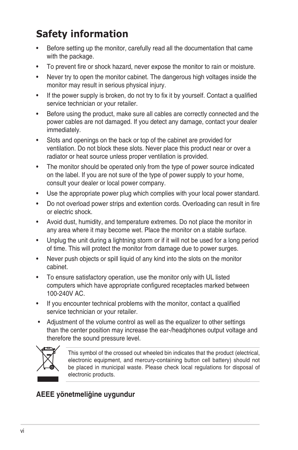 Safety information | Asus VA27DQ 27" 16:9 FreeSync Eye Care IPS Monitor User Manual | Page 6 / 36